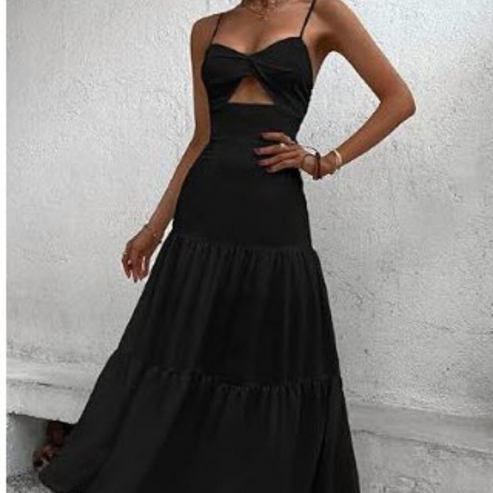 Charlotte Russe Black Front Cutout Ruffle Hem Maxi Cami Dress Size Small NWT - Picture 1 of 12